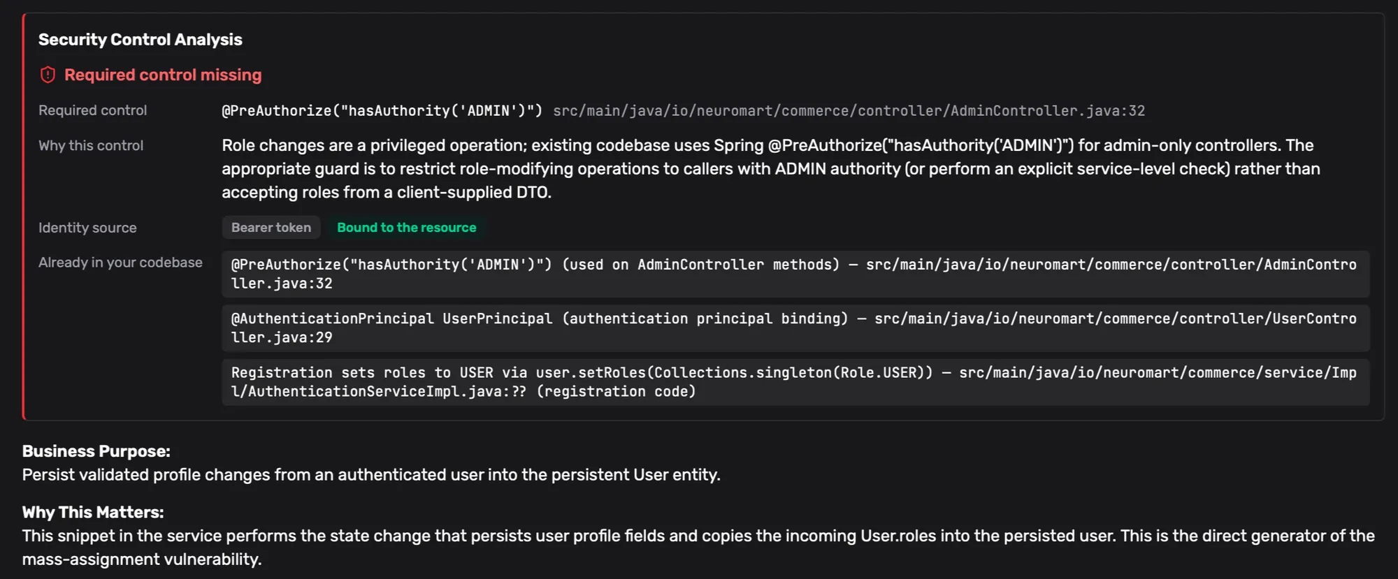 Neuralsec security control analysis showing a required admin authorization control is missing, with related controls already in the codebase