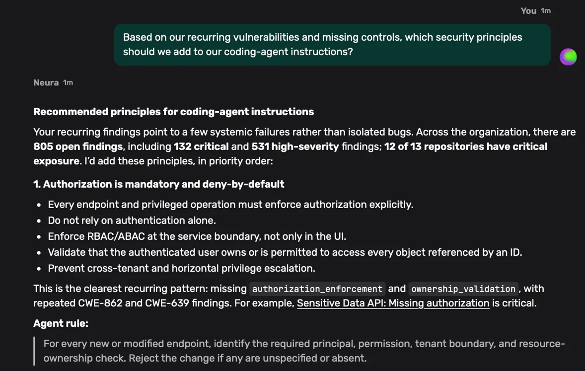 Neura recommending security principles for coding-agent instructions, with a concrete agent rule requiring principal, permission, tenant boundary and resource-ownership checks on every new or modified endpoint