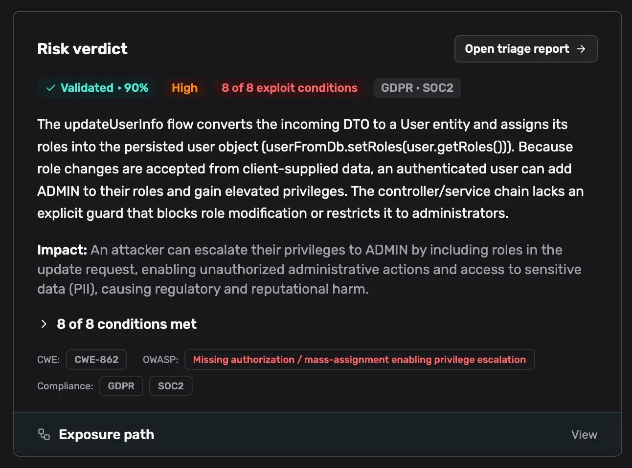 Neuralsec validated risk verdict for privilege escalation through client-supplied roles